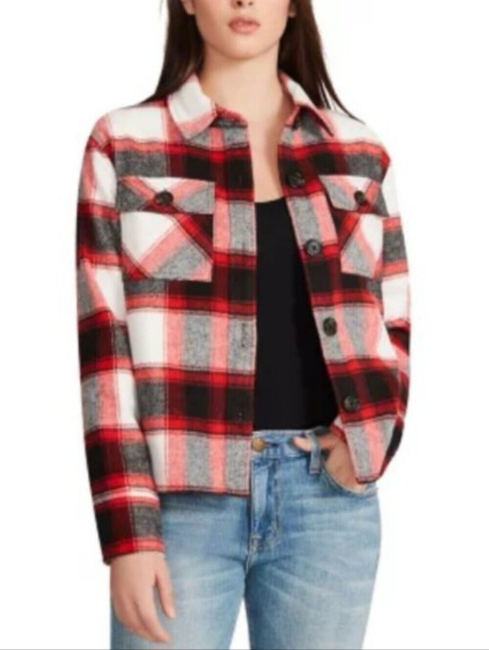 BB Dakota by Steve Madden Red/Black/White Plaid Button-Up Shacket size Medium